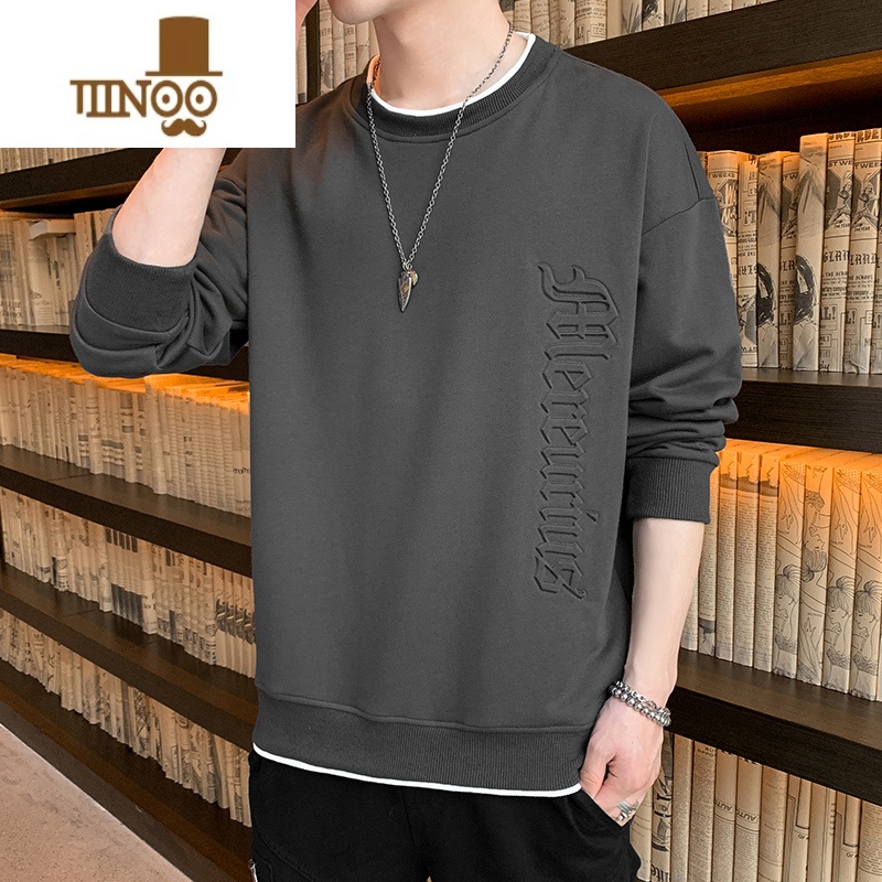 YANXU卫衣男士长袖t恤2023新款潮牌休闲圆领上衣冬季加绒打底衫高清大图