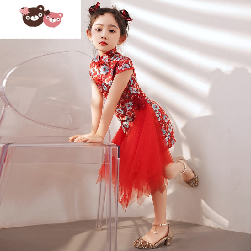 绿彩虹光国潮女童旗袍中国风春夏儿童礼服模特走秀演出服t台时装霸气