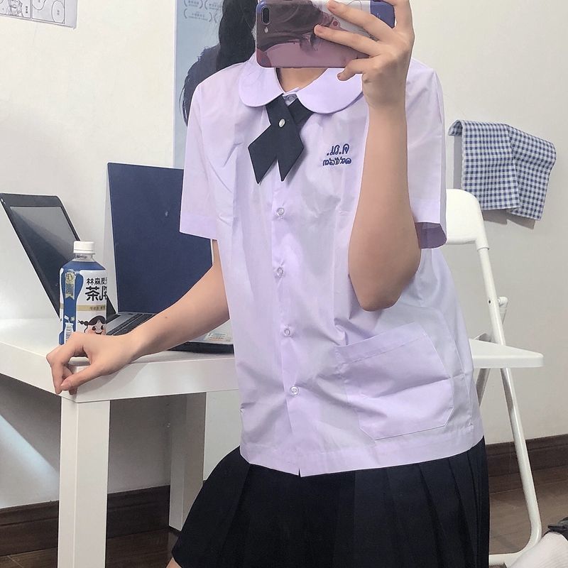 三件套泰国校服圆领jk制服学生淡紫色短袖衬衫初恋小水牛学院风女 淡紫色+领结 S