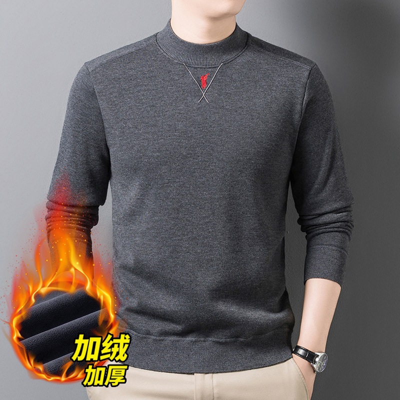含羊毛加绒加厚半高领毛衣男2025冬季新款时尚刺绣打底男士针织衫 深灰 M