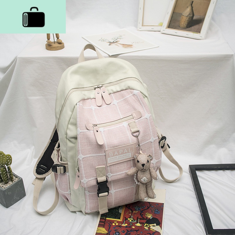 书包女韩版高中大学生初中生大容量双肩包 时尚百搭ins风少女背包NEW LAKE 浅粉加大版【送小熊】