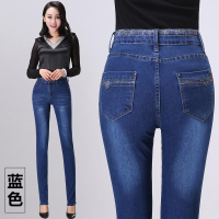 迪鲁奥（DILUAO)同款【品质保障】2019秋季高腰大码直筒中年牛仔裤女纯黑色长裤弹力显瘦妈妈休闲裤_20 27码(2尺) 蓝色