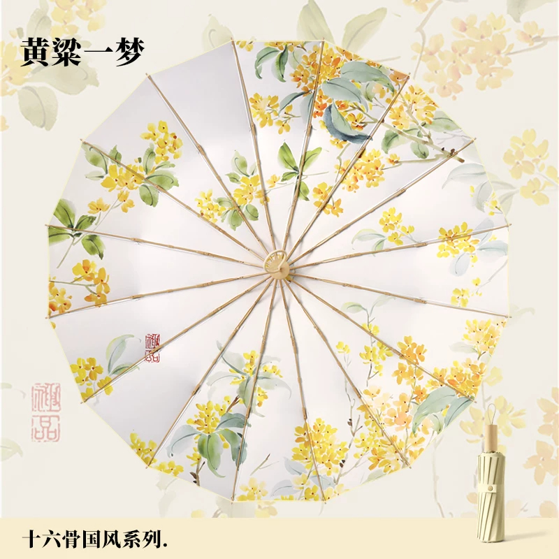 美度(MAYDU)三折16骨彩胶太阳伞女晴雨两用防晒防紫外遮阳伞国风插画系列M3165绿野莺歌高清大图