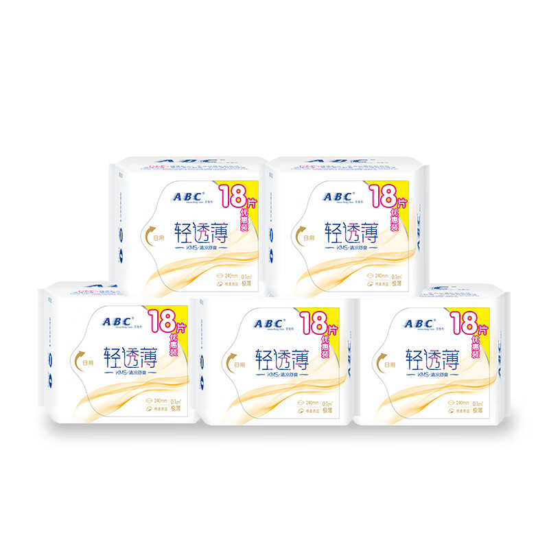 ABC KMS轻薄透棉柔日用组合装卫生巾5包90片(240mm*18片*5包)高清大图