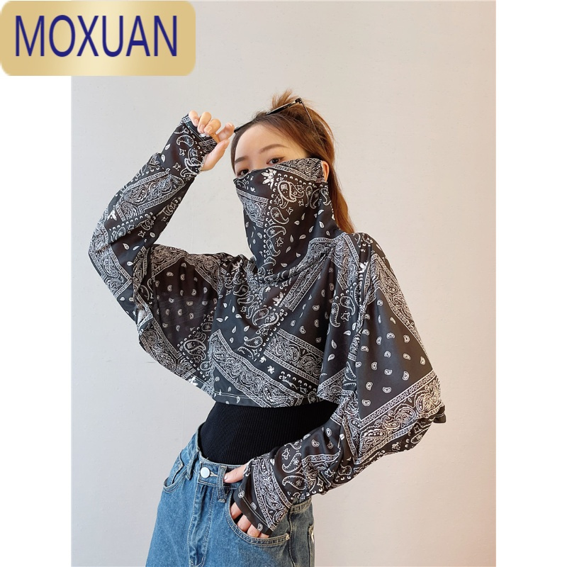 MOXUAN防晒披肩女夏季腰果花长袖开车披风出游短款遮脸面罩一体防晒衣