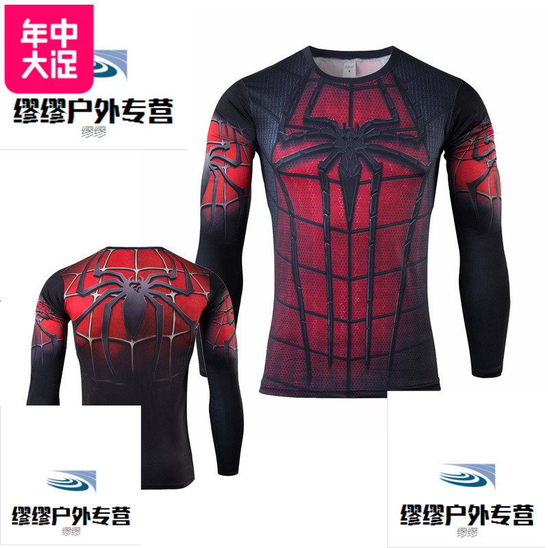 漫威紧身衣男长袖超人美国队长t恤蜘蛛侠超级英雄健身服运动速干 4XL（210斤内） 红黑蜘蛛侠长袖
