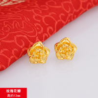 越南沙金小耳钉耳环女仿真24k镀黄金防过敏耳棒女士饰品久不掉色 玫瑰花瓣