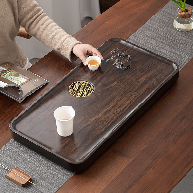 苏氏陶瓷/SUSHI CERAMICS JA19 黑檀木实木正板切割荷花双鱼办公家用排水式茶盘高清大图