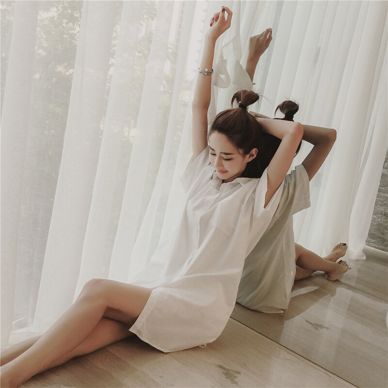 夏中长款白色衬衫裙女春秋长袖性感睡衣风韩版纯棉休闲宽松衬衣