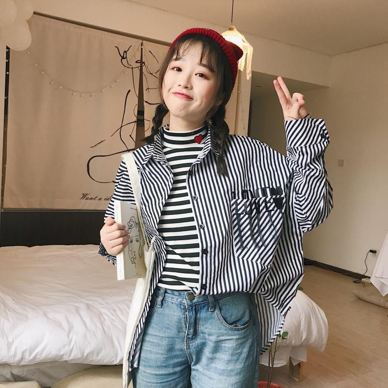 春装女装韩版宽松时尚条纹字母刺绣百搭衬衣学生衬衫开衫上衣外套红条均码