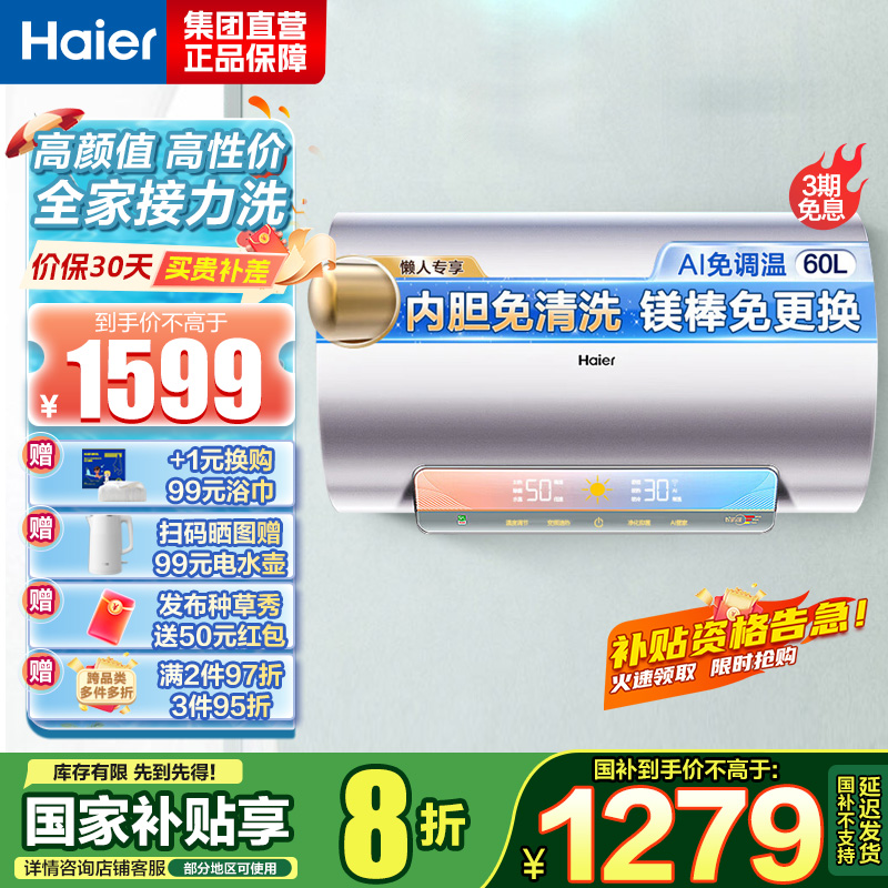 海尔(Haier)60升电热水器电储水式家用3300W变频速热镁棒免更换WiFi人感交互净水洗DK5 60升[3-4人]