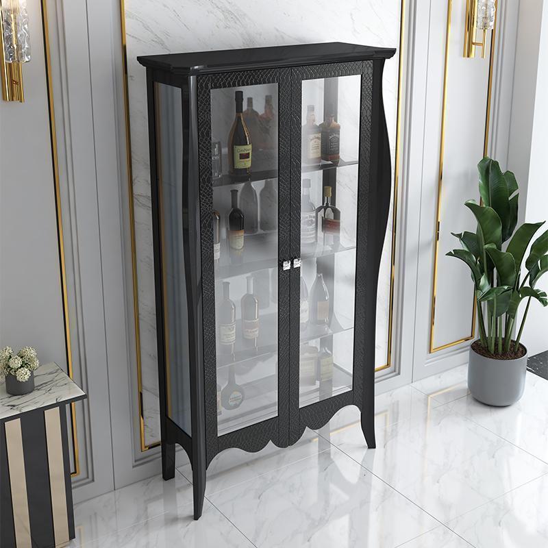 森美人双酒柜实木轻奢客厅玻璃烤漆装饰柜欧式展示柜美式单酒柜 黑色双门