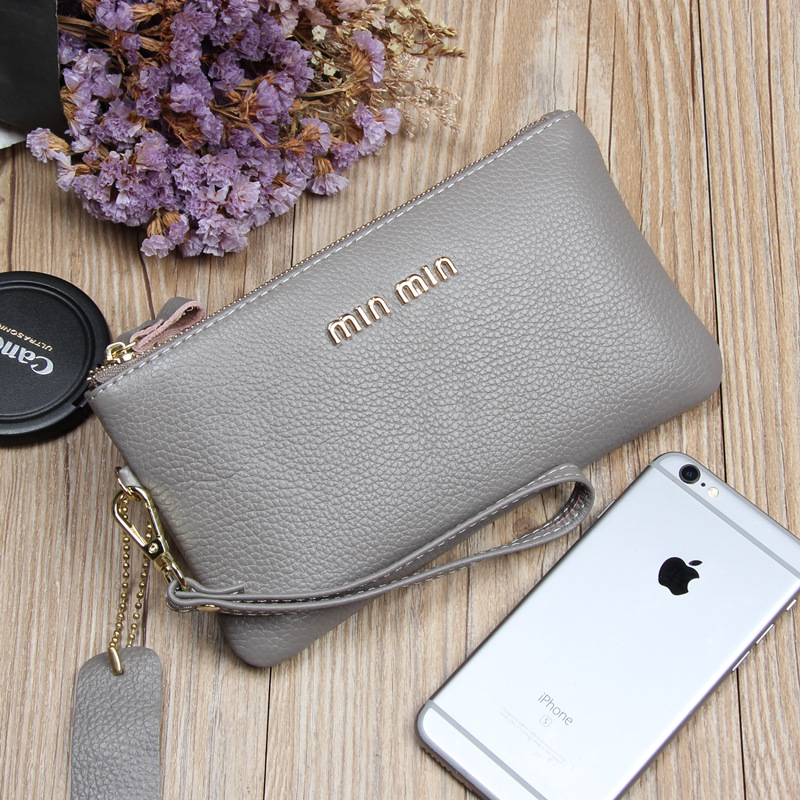 新款时尚牛皮女式手拿包韩版真皮女士零钱包手拎包包 女 灰色