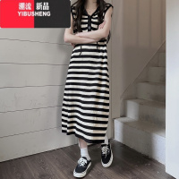 YIBUSHENG条纹连帽连衣裙长裙女装2024季气质小个子穿搭休闲宽松无袖裙子