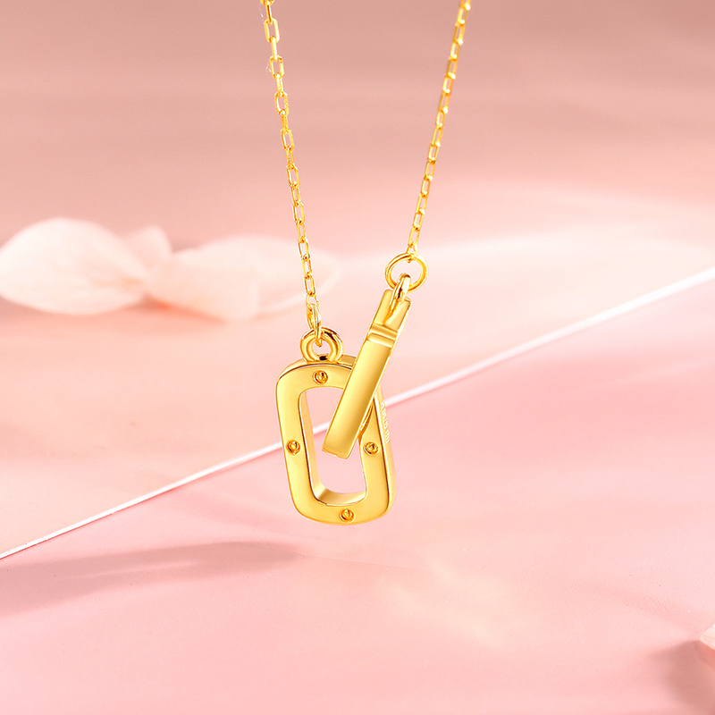 梦金园复古风几何双环18k金项链简约方环锁骨链k黄套链镂空生日礼物