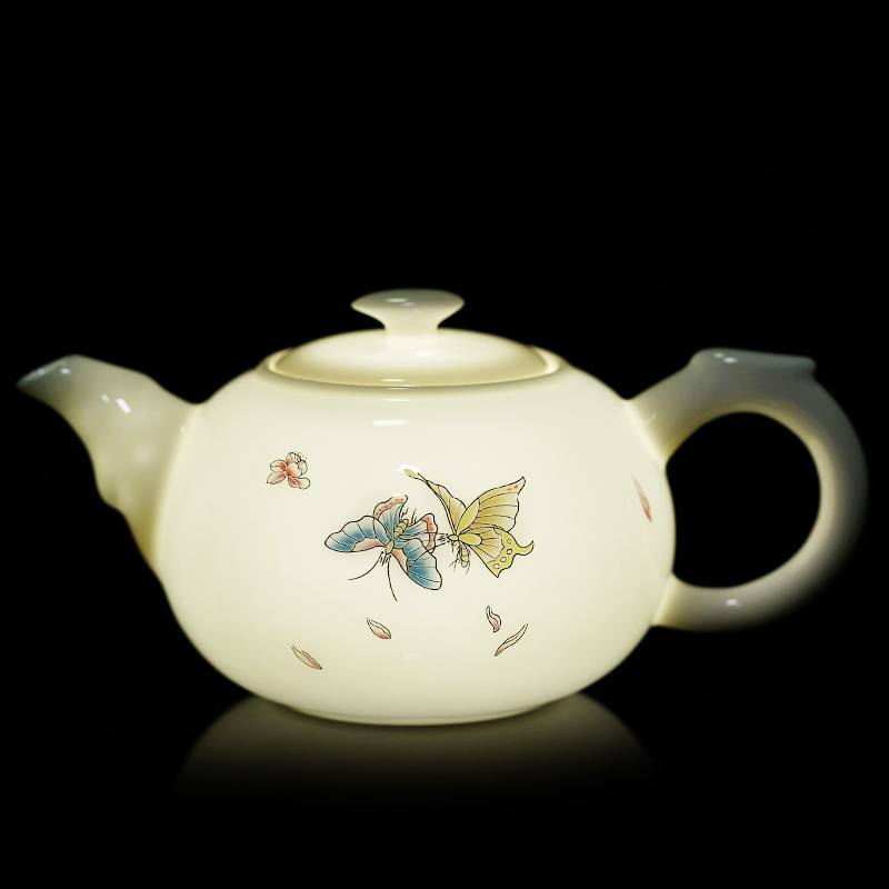 常生源 茶壶 陶瓷功夫茶具 羊脂玉白瓷品茗壶 浮雕手工堆花 礼盒装 蝶韵茶壶220ml高清大图