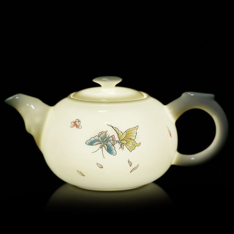 常生源 茶壶 陶瓷功夫茶具 羊脂玉白瓷品茗壶 浮雕手工堆花 礼盒装 蝶韵茶壶220ml