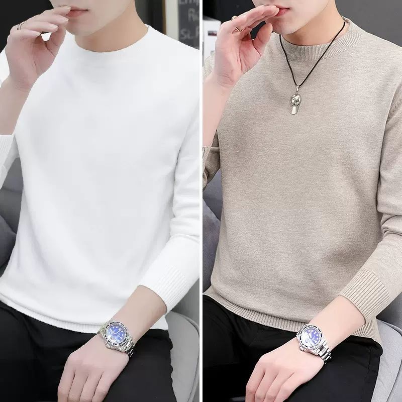 2023新款圆领毛衣男韩版秋冬季潮流内搭针织打底衫长袖黑色毛线衣 白色【圆领】+驼色【圆领】毛衣 M推荐【90-110斤】