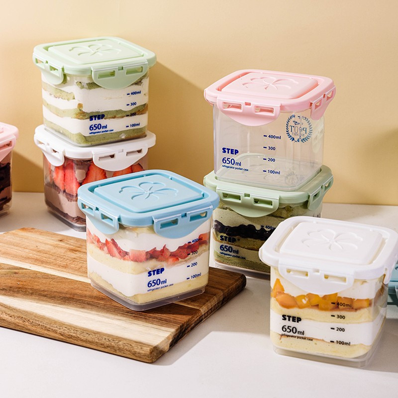 可循环慕斯千层蛋糕包装盒豆乳奶酪甜品罐子提拉米苏密封打包盒子 650ml[无字]粉色锁扣盒(有刻度)+叉勺 10套