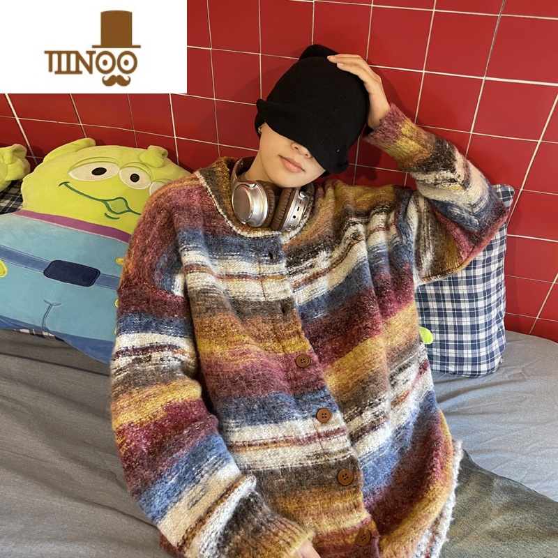 YANXU彩色条纹开衫毛衣男款潮牌撞色针织衫慵懒风宽松休闲线衣外套高清大图