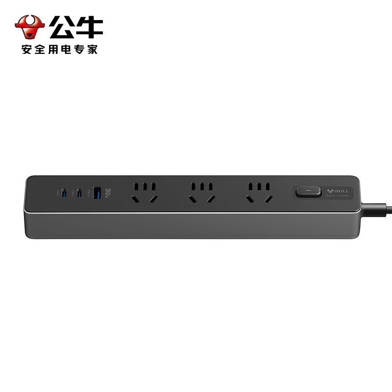 公牛(bull)GN-Z1031U30玄武黑全长1.8米大学生宿舍开学习插座多功能快充usb多孔延长线超薄插排