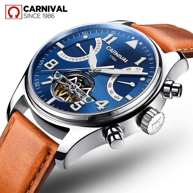 嘉年华Carnival手表大表盘男士全自动机械表 男真皮表带商务针扣腕表夜光防水休闲时尚大气魅力型男必备8783G黄皮高清大图