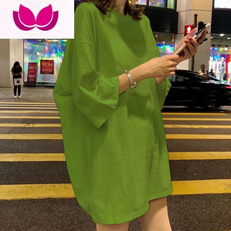 七斓玫红色t恤女短袖大码网红2023新款夏ins风T中长款宽松纯色上衣潮图片