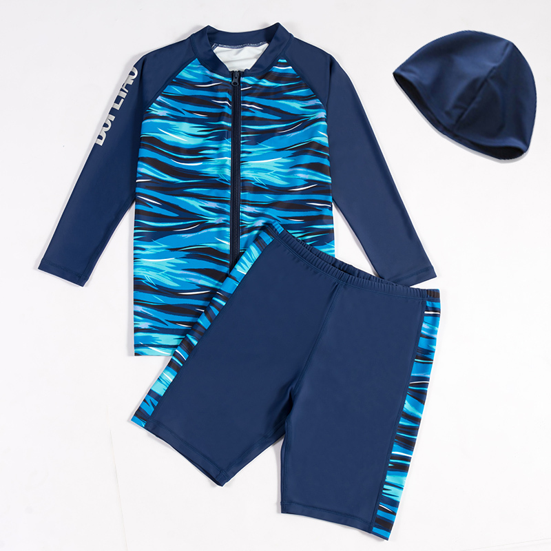 大童分体连体长袖速干拉链儿童青少年泳衣男生套装学生胖男孩