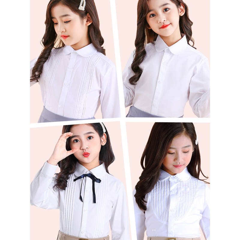 七色王国女童白衬衫棉儿童白色衬衣长袖春秋小学生洋气中大童校园款校