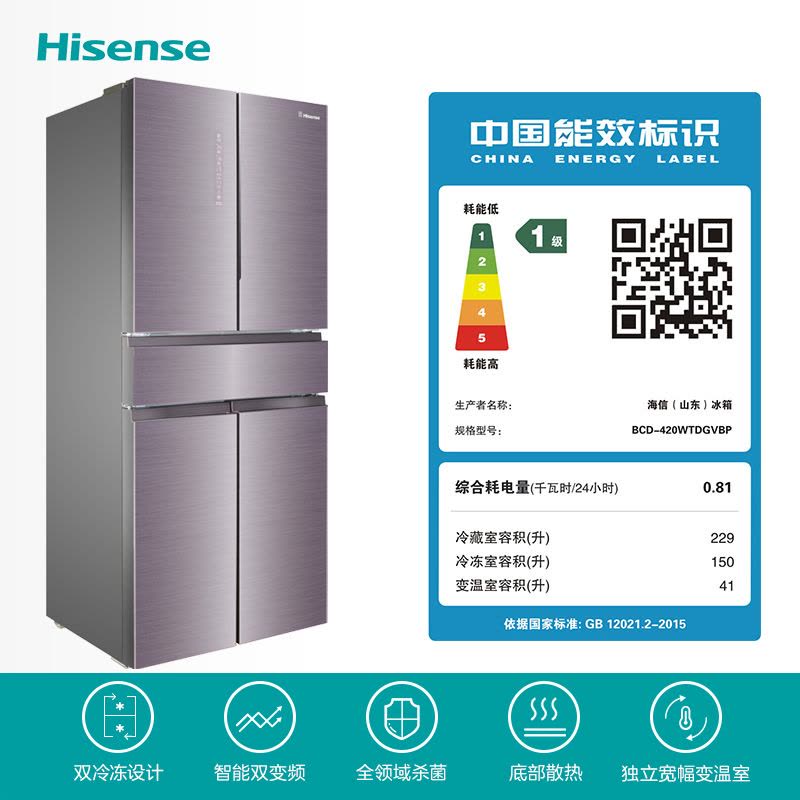 海信(Hisense)420升食神冰箱 对开门多开门 电冰箱 一级能效变频风冷无霜 BCD-420WTDGVBP图片