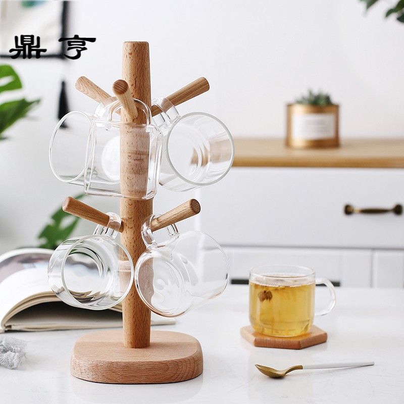 鼎亨透明玻璃杯套装带木架 家用水杯茶杯 耐热花茶杯 客厅杯子喝