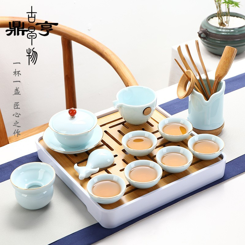 鼎亨影青瓷功夫茶具套装家用整套白瓷简约办公泡茶盖碗陶瓷喝茶杯