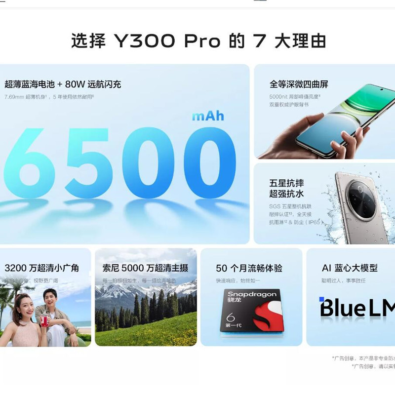vivo Y300 Pro 墨玉黑 8GB+128GB 骁龙6 5G芯 6500mAh电池 80W充电 5000万高清影像 5G 手机