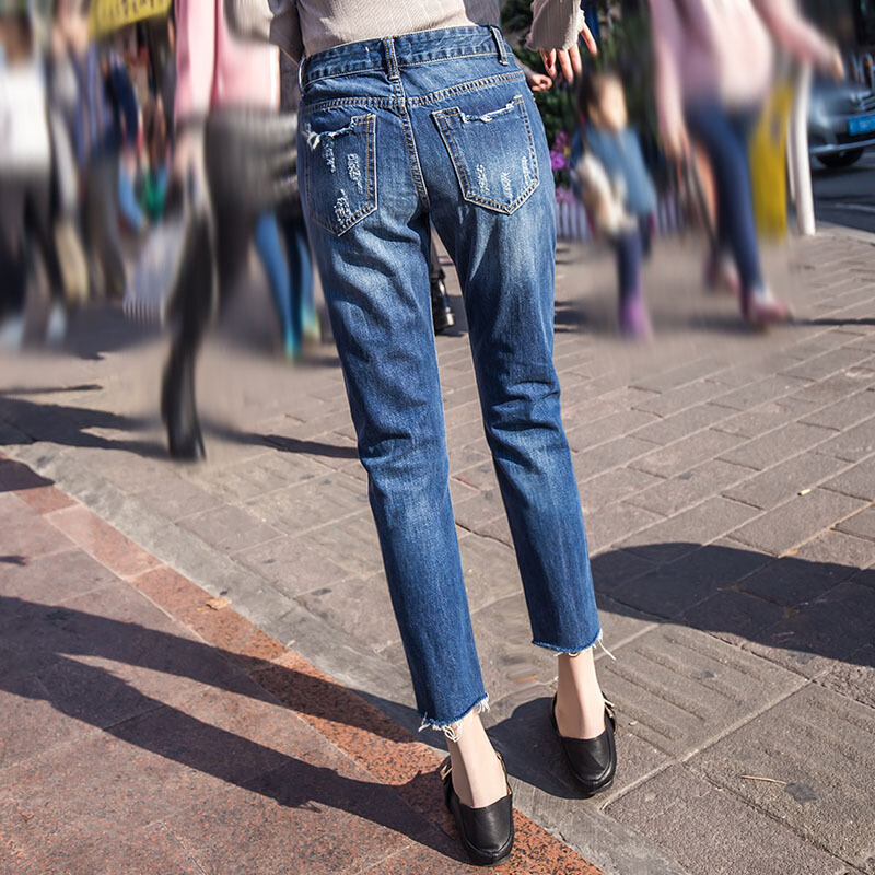 2018秋季款仔裤九分裤边破洞直筒裤哈伦宽松乞丐裤深蓝26一尺九