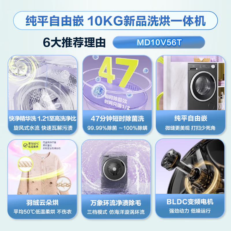 美的全自动10KG大容量滚筒洗干一体机金属钛纯平自由嵌快净精华洗一级能效变频电机MD10V56T[-]
