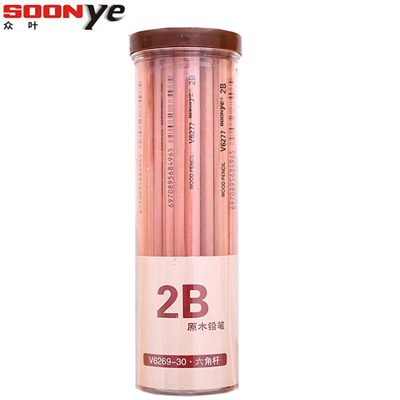 众叶(SOONye)V6269原木铅笔 30/50支筒装 六角木杆铅笔 2B素描铅笔 美术绘画绘图铅笔 画画铅笔