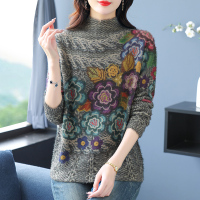 鄂尔多斯羊绒衫女士毛衣100%羊毛衫女秋冬宽松加大码针织打底衫遮肚水貂绒毛印花毛衣女秋冬2023新款加肥加大胖mm羊绒衫 花朵款如图 3XL