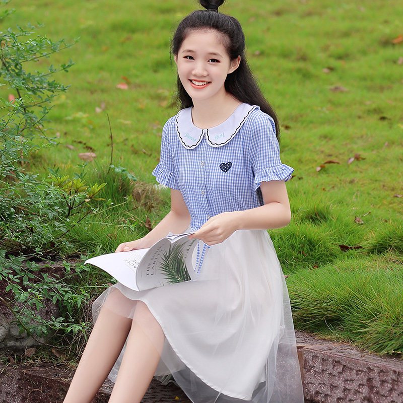 初中生连衣裙女夏2018新款学院风网纱中学生夏装少女小清新公主裙