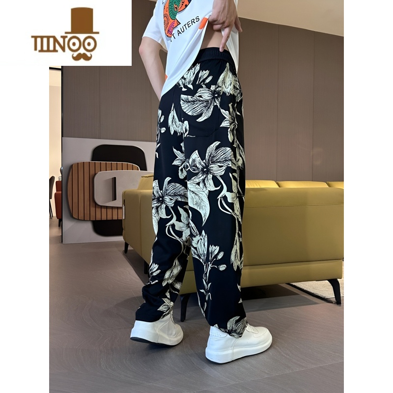 YANXU夏季薄款直筒裤男士时尚百搭透气冰丝休闲裤潮流民族风宽松运动裤高清大图