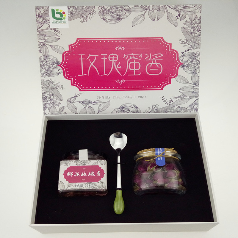 玫瑰蜜酱礼盒花语花意礼盒徐州晶贝食品平阴重瓣红玫瑰干花蕾