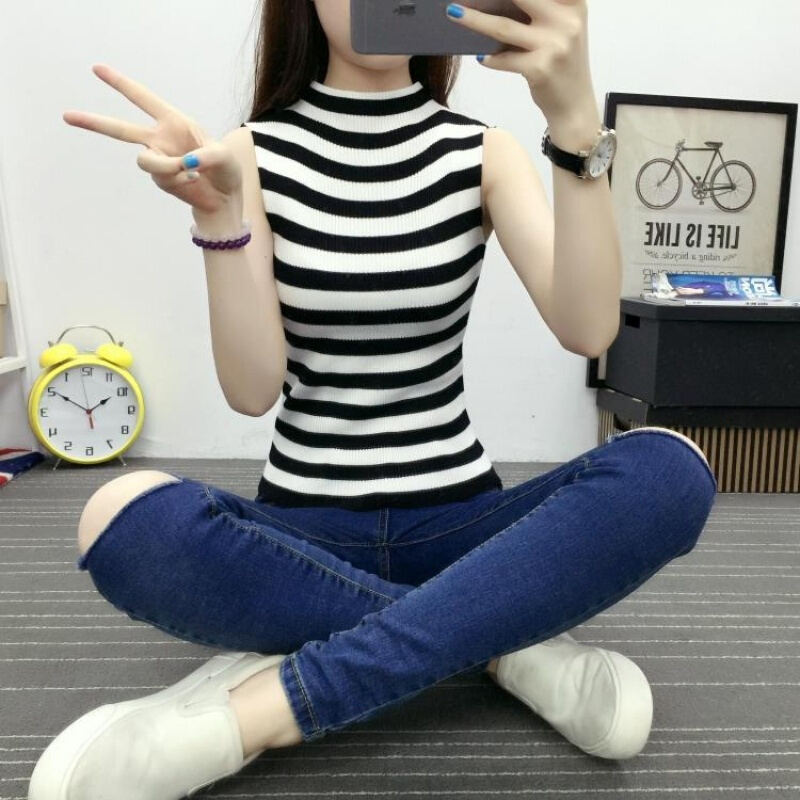 2016夏季韩版修身高领无袖针织衫背心女士薄款套头纯色打底衫上衣白色均码建议80-130斤左右