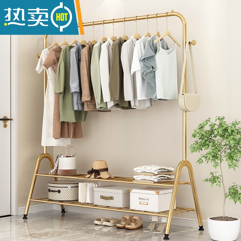 敬平晾衣架落地折叠室内晒衣架阳台卧室挂衣架子家用简易单杆式衣帽架 150cm-金-单层[双衣帽钩] 大高清大图
