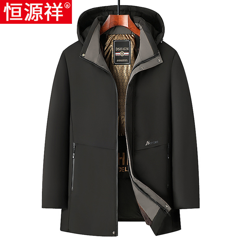 恒源祥棉衣男冬季中长版加绒加厚男士棉服外套保暖爸爸冬装派克服 190/3XL体重140-160斤 黑色