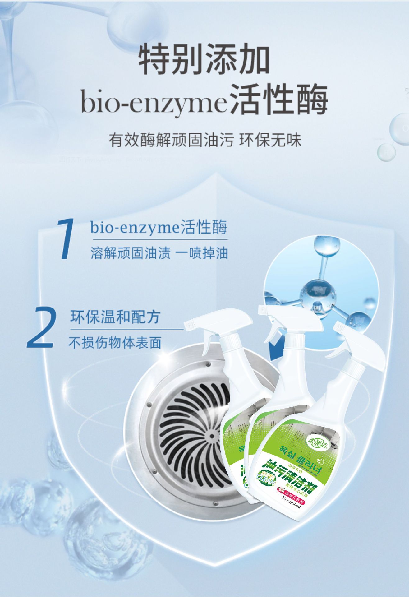 柔靓洁厨房油污清洁剂500ml泡沫配方,深层去油,除垢除菌高清大图