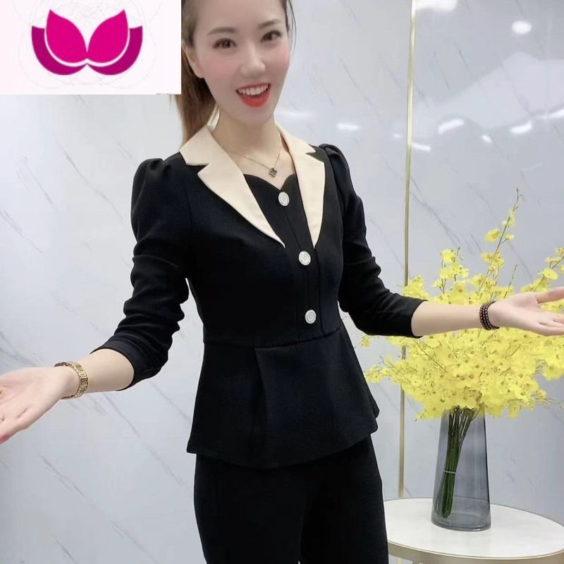 七斓2023春季新款洋气时尚微喇长裤套装遮肚显瘦休闲西装上衣套女 赫本黑收腰西装上衣+黑色裤子 3XL建议135-150斤内