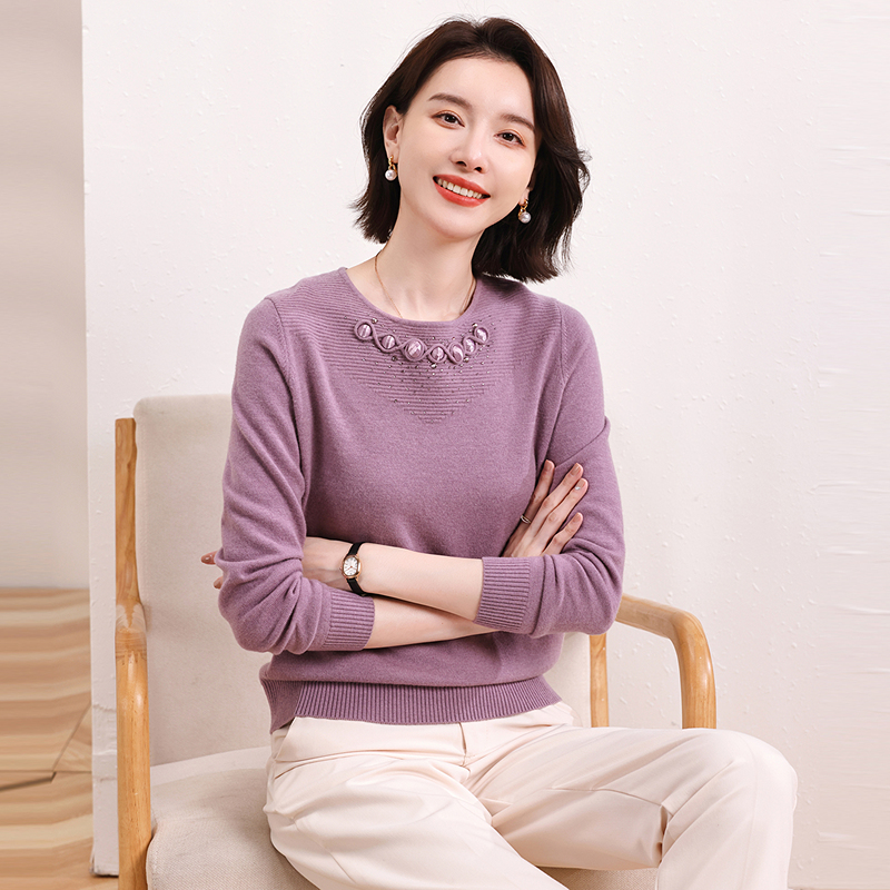 恒源祥优雅妈妈装羊毛衫女2024秋冬新款女士圆领亮钻针织衫纯羊毛 品紫 160/84A/M