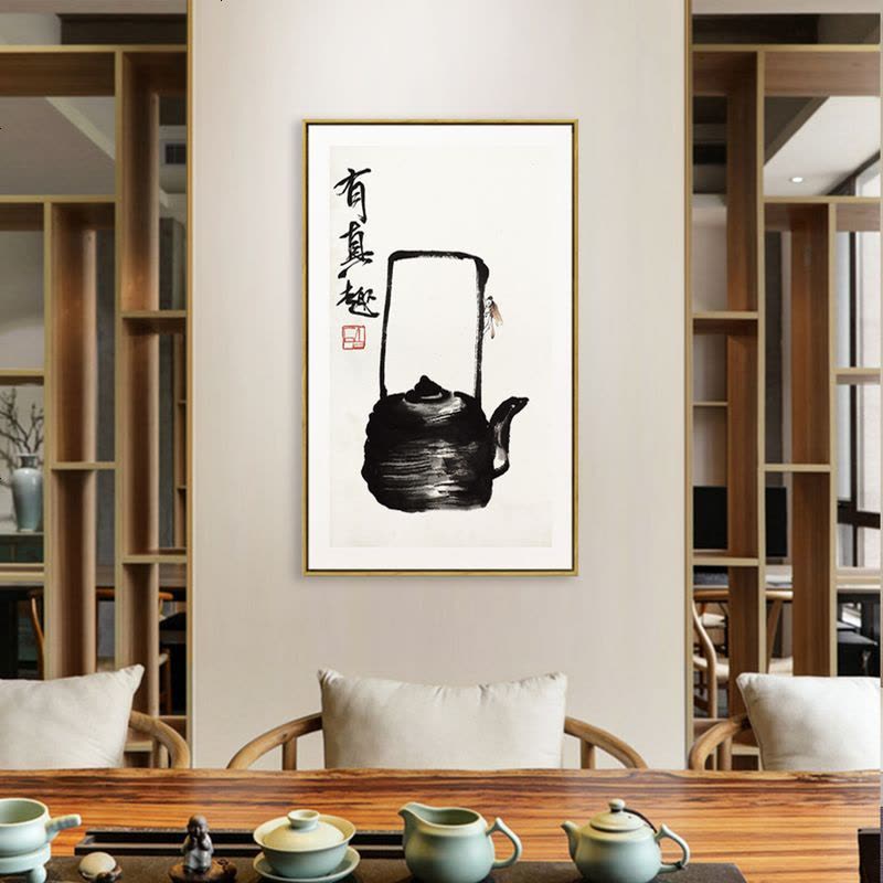 齐白石水墨国画螃蟹茶壶小品三联装饰画书房背景墙画茶室禅意挂画【价格