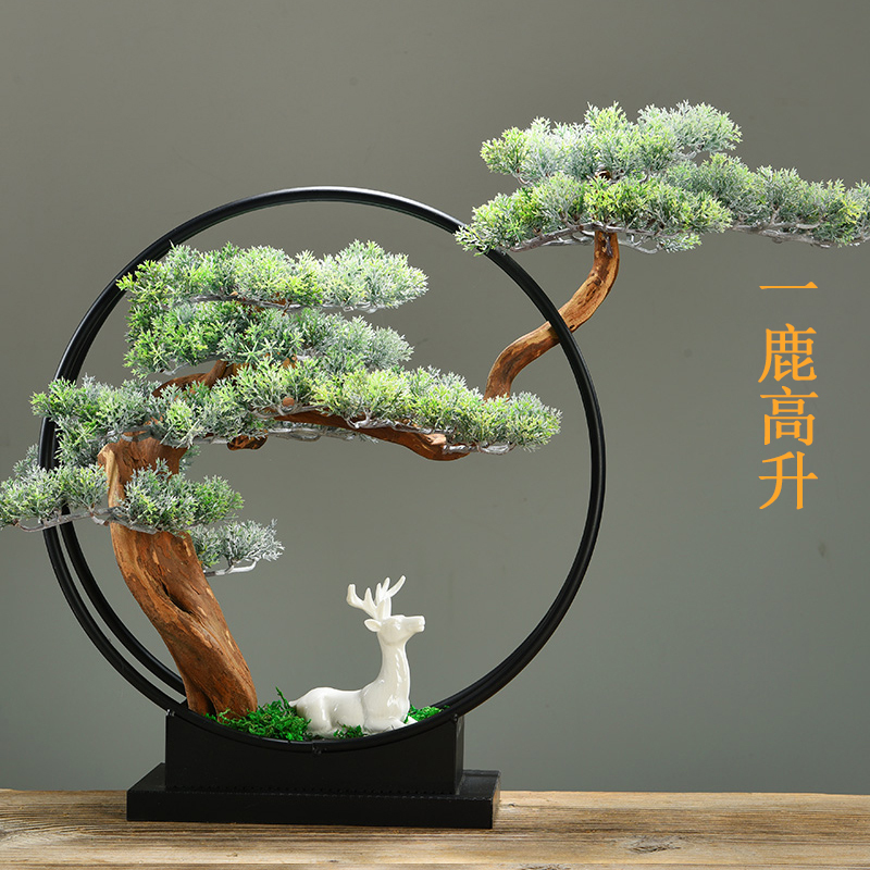 仿真迎客松创意新中式禅意陶瓷工艺品客厅玄关电视柜摆件家居饰品 三维工匠 一鹿高升-冬