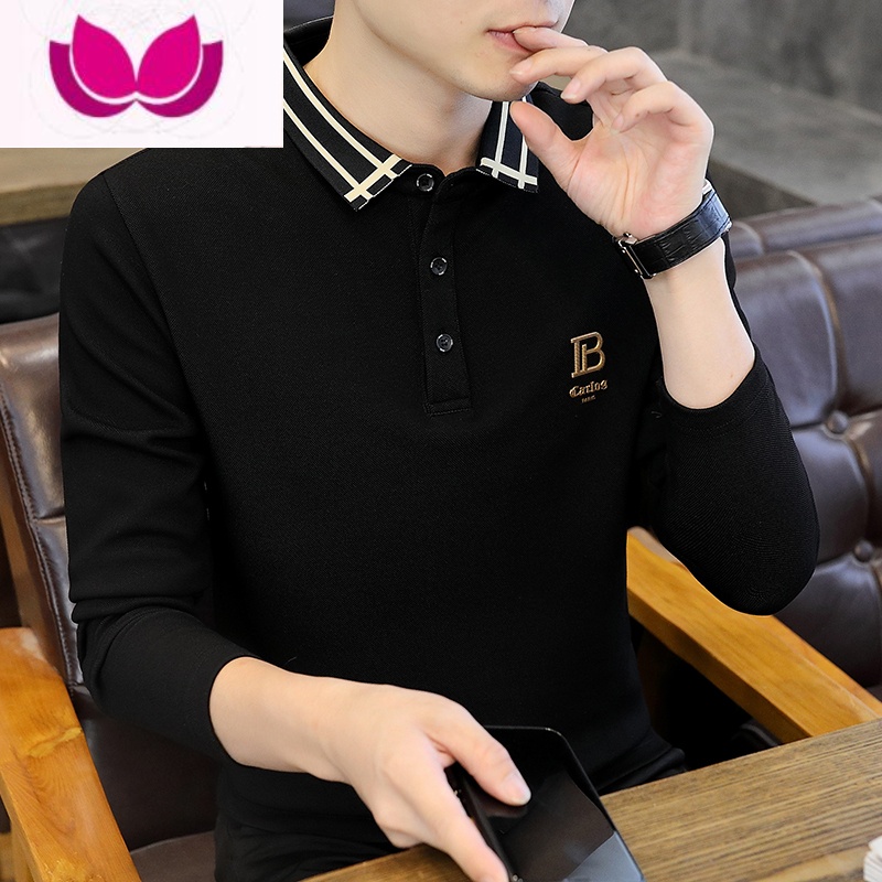七斓男士长袖T恤2023新款刺绣保罗衫韩版修身上衣服春季体恤内搭t高清大图