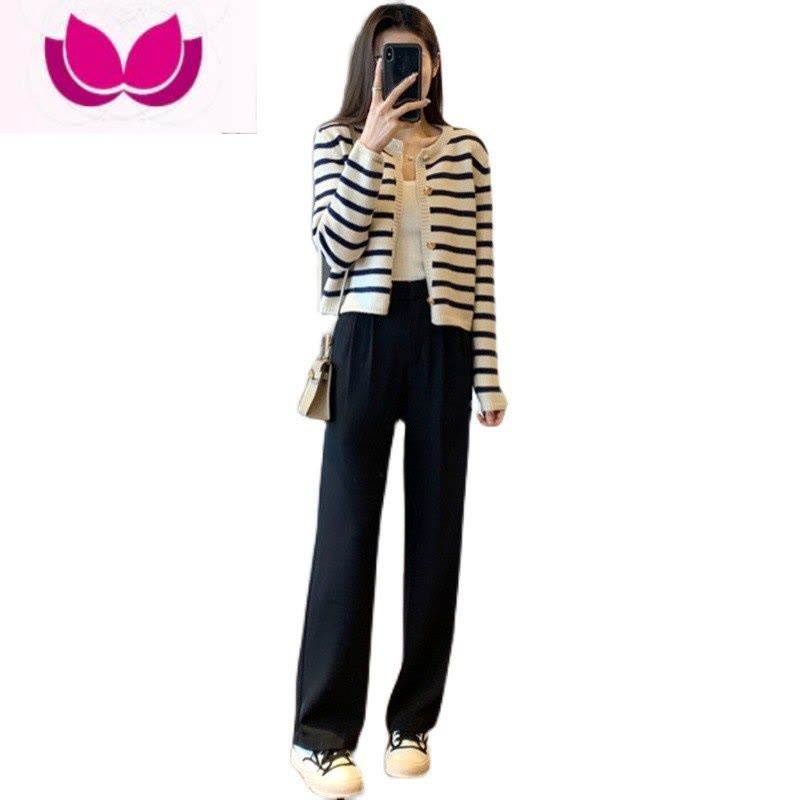 七斓早春季套装女新款胖妹妹显瘦上衣针织开衫小香风遮肉套阔腿裤图片